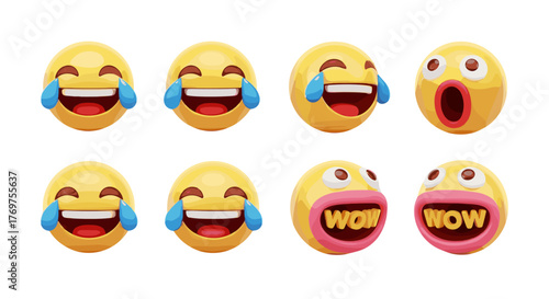 Collection of expressive 3D emoji faces, featuring laughter with tears, surprise, and amazement with 'WOW' text, rendered in vibrant yellow and pink hues against a black background, perfect for