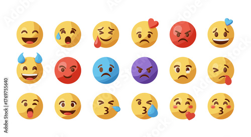 Collection of 3D rendered emojis displaying a wide range of emotions and expressions, including joy, sadness, anger, love, and playfulness, set against a dark background for high contrast and