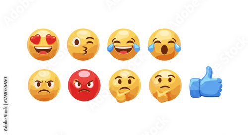 Collection of expressive emoji faces and a blue thumbs-up icon against a black background, showcasing a range of emotions from love and laughter to anger and contemplation, perfect for digital