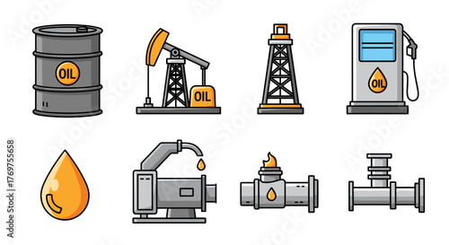 Set of flat design icons representing the oil industry, including a barrel, oil rig, gas station pump, oil drop, pump jack, pipeline with flame, and pipe fittings, perfect for illustrating energy