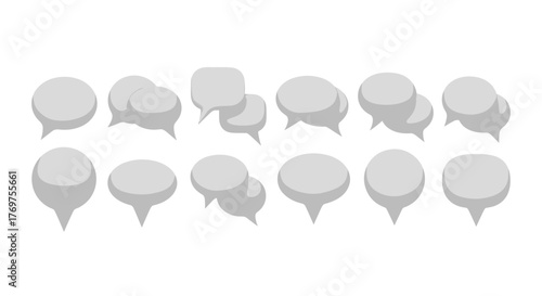 Collection of 3D rendered white speech bubbles and chat icons isolated on a black background, representing communication, conversation, dialogue, and messaging in digital platforms and social media