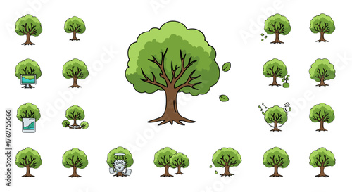 A collection of stylized cartoon trees on a black background, showcasing various forms and concepts related to trees, including growth, technology integration, and whimsical anthropomorphic