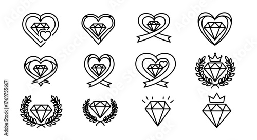 Collection of stylized heart icons and symbols, including hearts with ribbons and geometric diamond shapes, presented in a clean, minimalist line art style, perfect for romantic themes, Valentine's