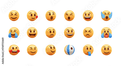 A vibrant collection of expressive 3D emoji icons, featuring a diverse range of emotions from joy and laughter to surprise and sadness, presented on a clean black background for maximum visual impact