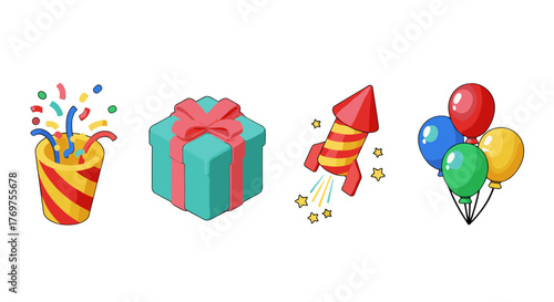 A vibrant 3D isometric illustration featuring a festive collection of party elements: a bursting confetti popper, a beautifully wrapped gift box with a pink ribbon, a soaring rocket firework with