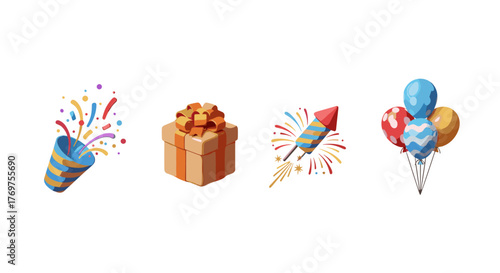 A festive collection of celebratory icons, including a bursting party popper with colorful confetti, a beautifully wrapped gift box with an orange ribbon, a vibrant firework rocket launching with