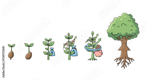 Visual representation of financial growth and investment success, depicting a plant's life cycle from seed to mature tree, symbolizing the journey of accumulating wealth, saving money, and achieving