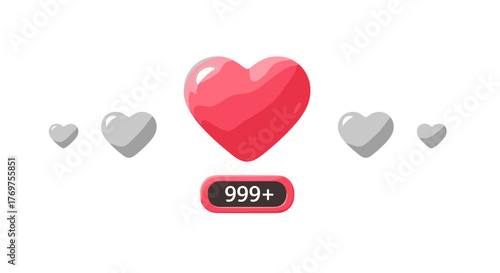 A vibrant, glossy pink heart symbol floats prominently against a stark black background, symbolizing love and affection, accompanied by smaller white hearts and a notification badge displaying "999+"