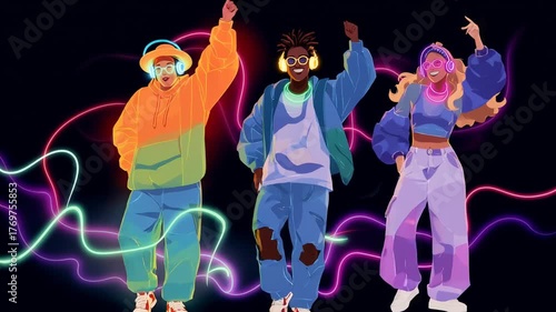 Three animated characters in vibrant orange, blue, green, and purple clothing dance joyfully in dark nightclub setting, wearing glowing headphones, conveying celebration and lively atmosphere