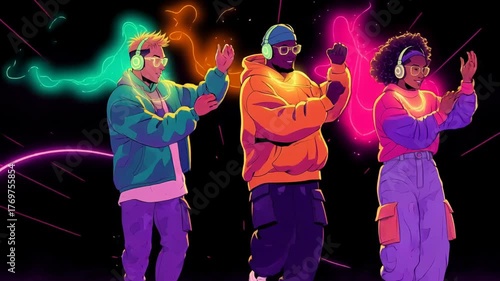 Three animated characters in streetwear dance against dark backdrop of glowing neon lights, conveying joyful energy and music festival atmosphere, vibrant colors, Caucasian, teenage