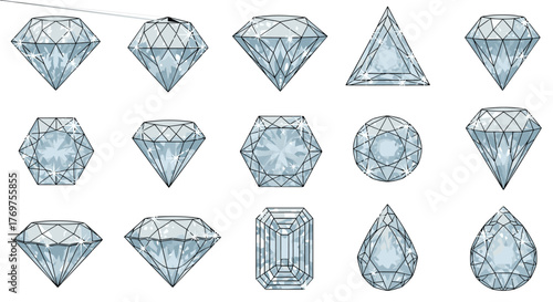 Collection of 15 sparkling, faceted, and brilliant cut diamonds in various shapes including round, princess, emerald, pear, marquise, and Asscher, isolated on a black background, representing luxury