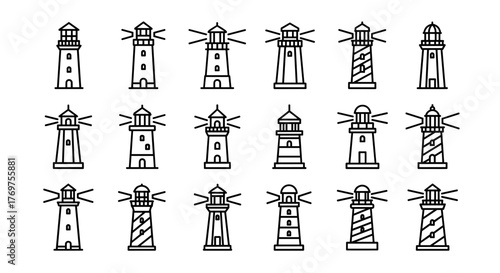 A collection of 18 unique lighthouse illustrations, rendered in a clean, white outline style against a stark black background, showcasing diverse architectural designs and beacon light patterns