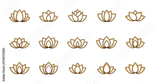 Set of golden lotus flower icons with a metallic sheen, isolated on a black background, representing purity, enlightenment, and spiritual growth, ideal for yoga studios, meditation apps, and wellness