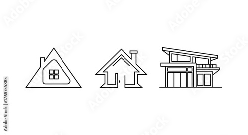 Set of three minimalist house icons in outline style, showcasing diverse architectural designs from a triangular modern home with a window to a classic pitched-roof dwelling with a chimney and a
