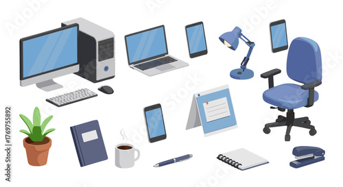 A vibrant collection of modern office supplies and technology, including a desktop computer, laptop, smartphones, a desk chair, a lamp, a potted plant, a notebook, a coffee mug, a pen, a notepad, and