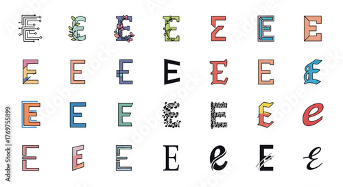 Collection of 24 unique and diverse artistic letter E designs, showcasing a variety of styles including geometric, floral, abstract, and typographic, presented on a black background for maximum