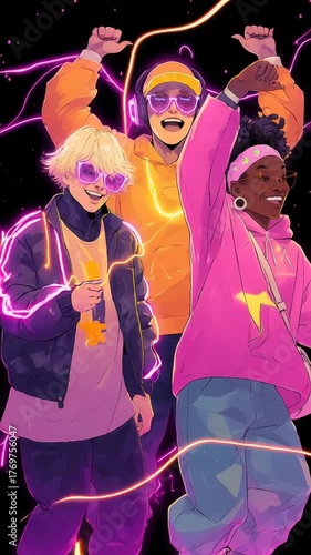 Three animated, jacket-wearing characters dance with joyful expressions against dark background, featuring teenager with orange headphones and diverse hairstyles, vibrant colors