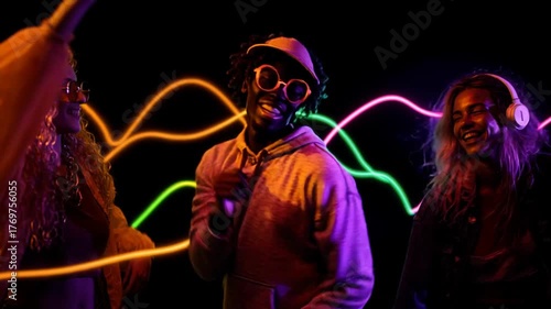 Three adults dance at music festival, wearing headphones and casual clothes, with one Caucasian person in pink hoodie raising arms, creating energetic atmosphere with neon orange, purple