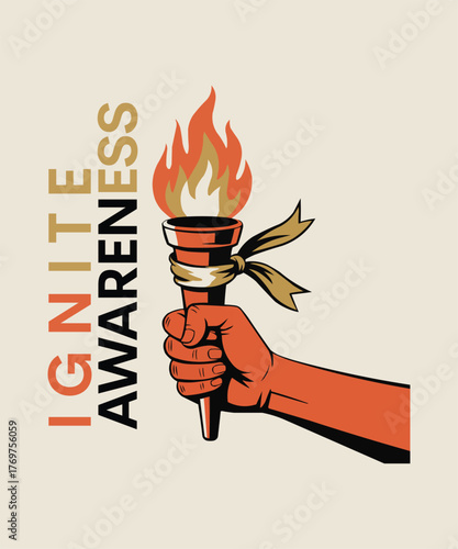 A hand holding a burning torch with the word ignite awareness