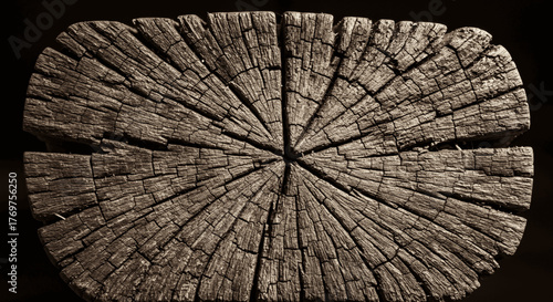 Macro shot of an old cracked tree trunk cross-section, detailed wood grain texture, concept of time and nature.
