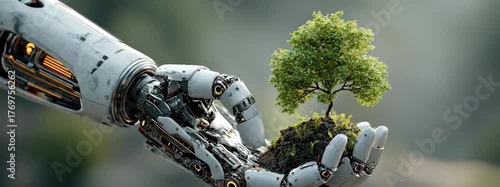 Futuristic Robot Hand Gently Cradling A Small Green Tree With Soil In A Modern Natural Environment