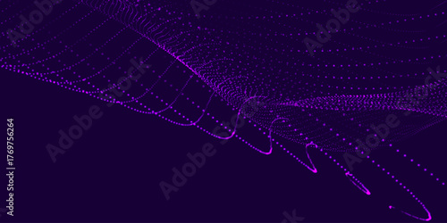 Futuristic dot wave. Abstract digital particle wave. Technology background. Colored musical wave. Dark background. Digital background with smooth, wavy curves. 3D vector illustration