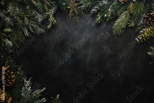 Dark festive background with evergreen fir branches, pine cones, and frosty twigs. Winter composition with copy space, for Christmas cards, New Year greetings, seasonal posters, holiday-themed designs