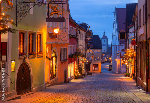 Medieval old town of Rothenburg ob der Tauber in Rothenburg, Germany decorated for Christmas during dawn