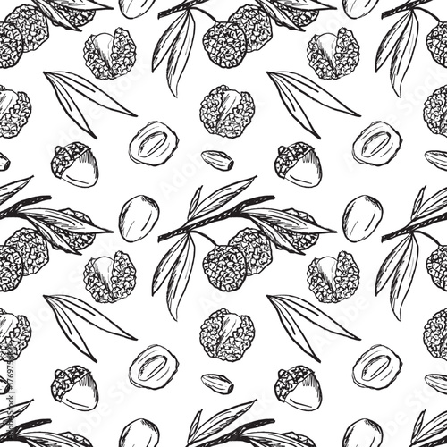 Hand drawn seamless pattern with lychee fruits in black. Vector sketch illustration in vintage crayon charcoal style. Package design, Litchi chinensis