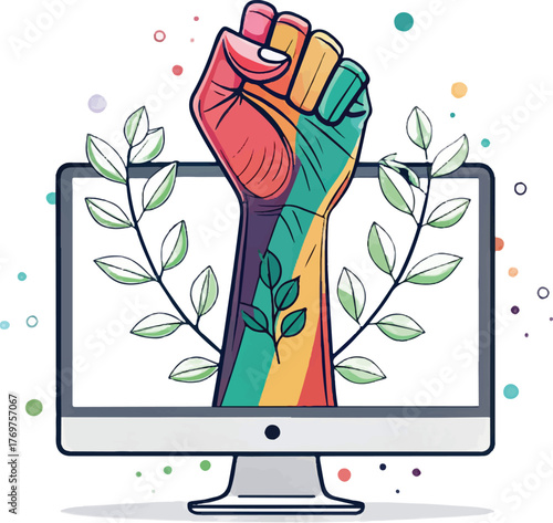 Digital activism and online environmental movement concept with raised fist and computer screen
