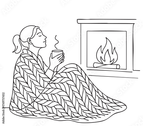 line sketch woman relaxing in knitted blanket near fireplace