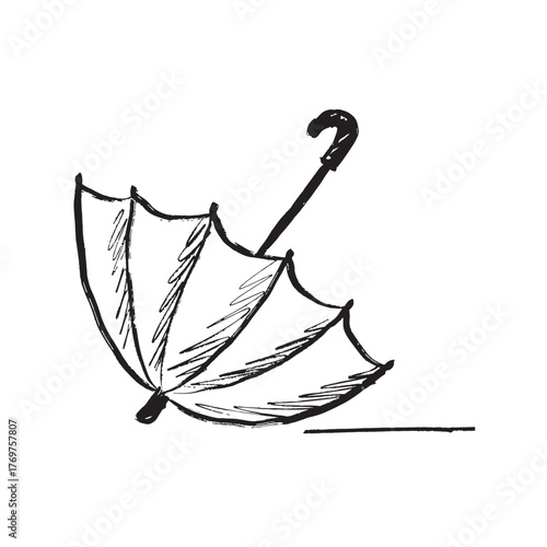 Hand drawn folded umbrella lying on the ground. Vector sketch illustration in vintage crayon charcoal style. Personal accessory, rainy weather.