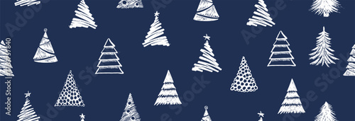Christmas tree white on blue, hand drawn illustrations.	