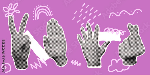 Retro halftone hands vector illustration. Abstract dotted art pattern with human palms. Pop style modern design element isolated on white background. Creative graphic layout for collage concept