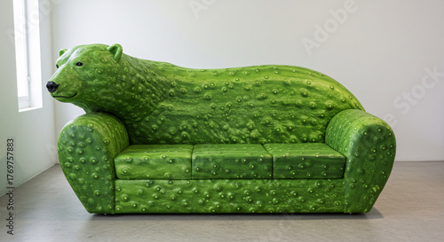 Surreal green sofa in the shape of a bear, creative furniture design and modern art concept.