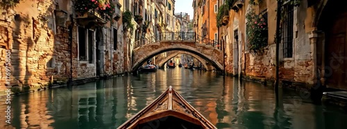 Picturesque View of a Serene Canal in Venice with a Boat and Historic Architecture