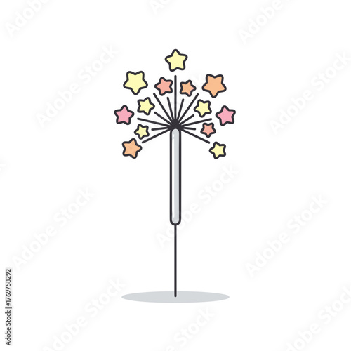 Sparkler with colorful star-shaped sparks on white background  