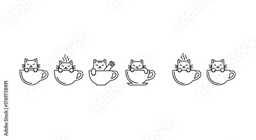 A charming set of six minimalist line art illustrations featuring adorable cats peeking out of coffee cups, perfect for adding a touch of whimsy and warmth to designs related to pets, beverages, or