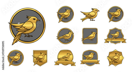 Collection of golden canary bird emblems and icons, featuring a variety of stylized designs with metallic gold accents and dark grey backgrounds, perfect for logos, badges, and branding elements