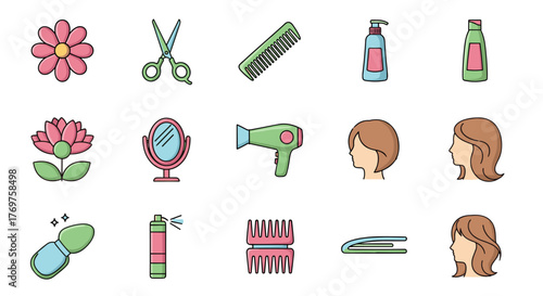 A vibrant collection of flat design icons representing beauty and hair salon essentials, including flowers, scissors, combs, hair dryers, mirrors, brushes, spray bottles, and diverse hairstyles