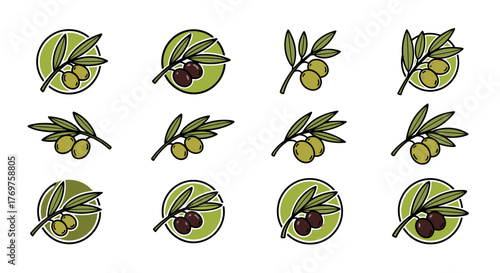 A collection of twelve stylized icons featuring olive branches with green and black olives, set against a black background, perfect for food and beverage branding, culinary themes, and