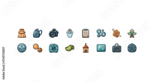 A collection of 16 unique, hand-drawn, cartoon-style icons representing various objects and concepts, including cameras, a globe, a house, a safe, a notebook, and more, perfect for game development