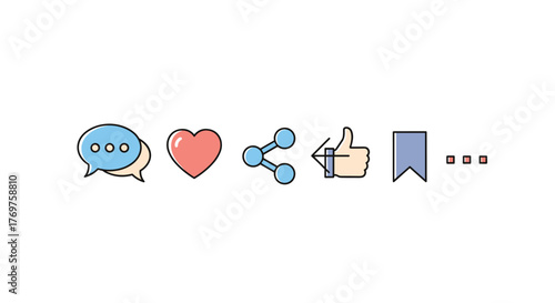 A collection of social media icons, including a speech bubble for comments, a heart for likes, a share icon, a thumbs-up symbol, and a bookmark, all presented in a clean, flat design style against a