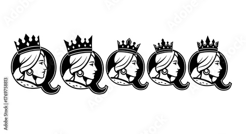 A stylized, minimalist line art illustration features four identical, elegant crowns arranged horizontally against a stark black background, each crown rendered with delicate, flowing lines and a