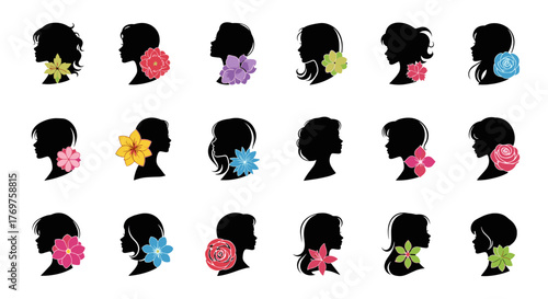 Collection of diverse female silhouettes adorned with vibrant, colorful flowers, showcasing a variety of hairstyles and floral arrangements, perfect for beauty and fashion themes.