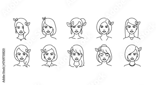 A striking collection of eight minimalist line art portraits, each depicting a unique female face with distinct features and expressions, rendered in a clean, modern aesthetic against a stark black