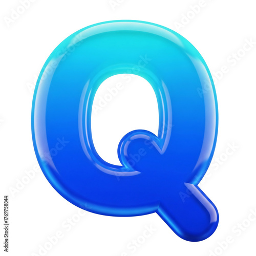 Vibrant blue gradient 3D capital letter Q with a glossy, reflective finish on a transparent background, perfect for educational, design, or decorative themes.