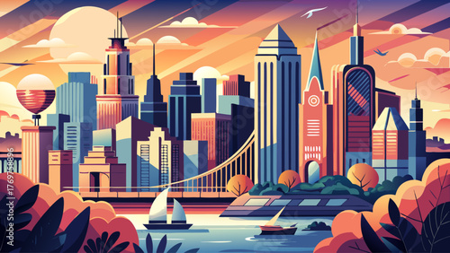 Very beautiful New York City vector travel poster in cinematic minimal landscape art style, featuring the iconic skyline, skyscrapers, and serene evening tones that capture the city’s timeless urban 