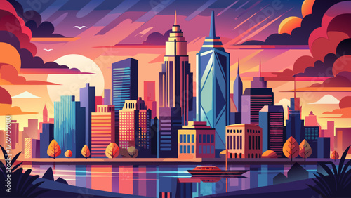 Very beautiful New York City vector travel poster in cinematic minimal landscape art style, featuring the iconic skyline, skyscrapers, and serene evening tones that capture the city’s timeless urban 