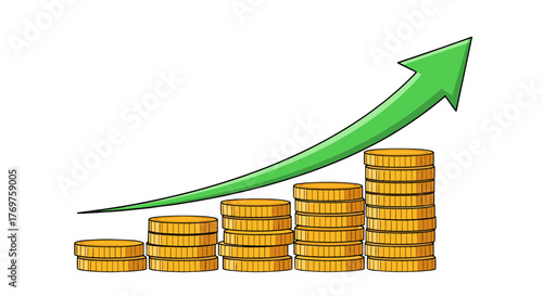 A vibrant green arrow curves upwards, symbolizing growth and success, superimposed over stacks of golden coins that increase in height from left to right, representing financial progress and economic